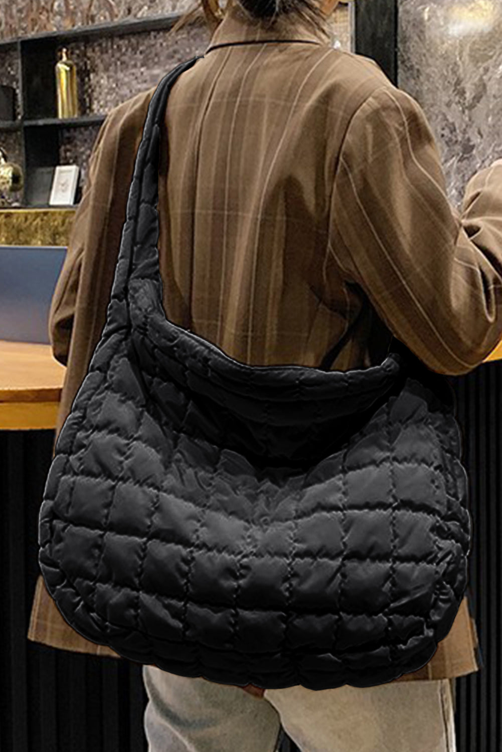Light French Beige Quilted Zipper Large Shoulder Bag