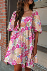 Rose Summer Floral Square Neck Puff Sleeve Babydoll Dress
