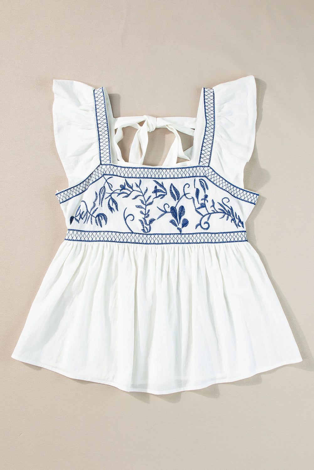 White Embroidered Bust Square Neck Peplum Blouse