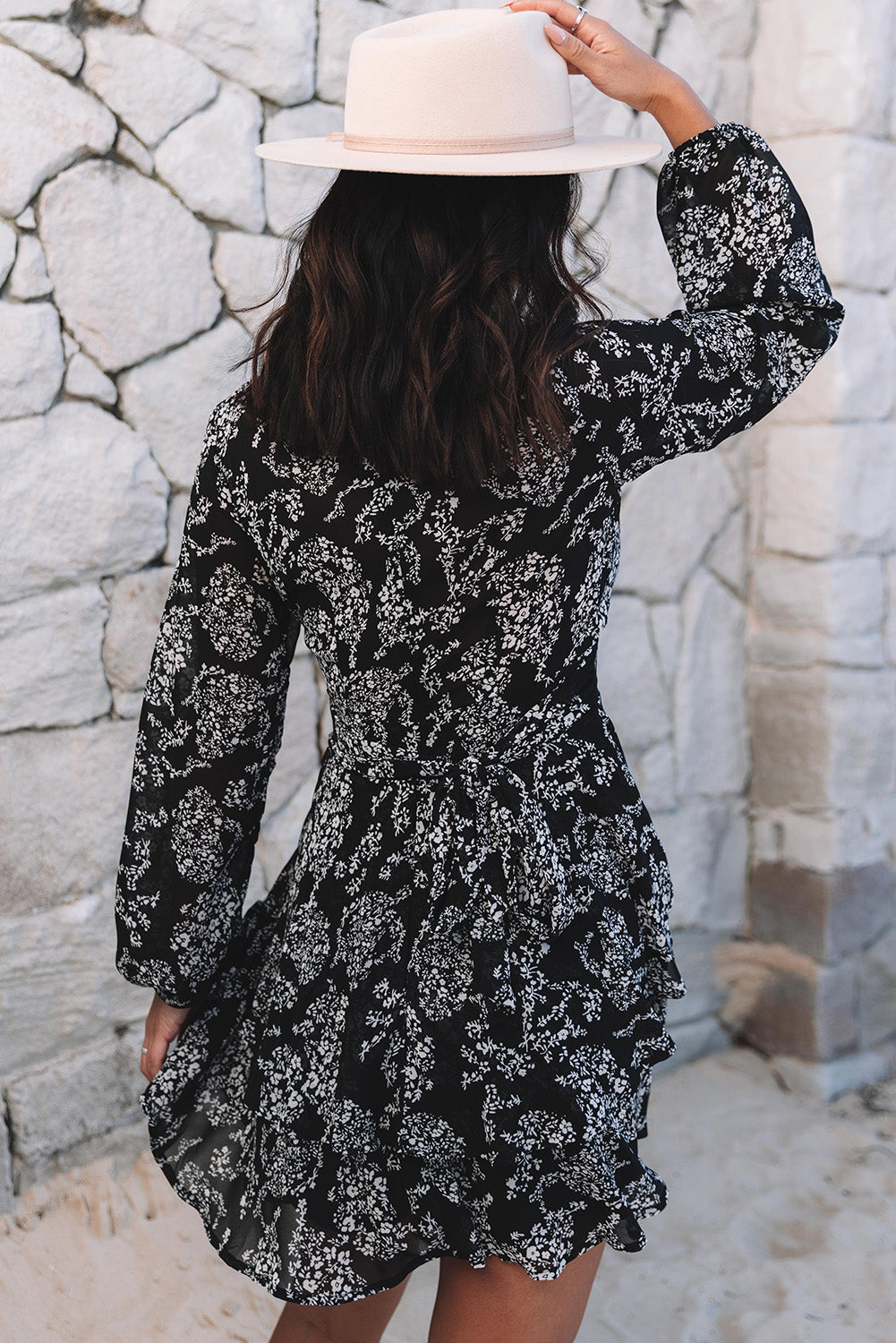 Black V Neck Baggy Sleeve  Leopard Print Mini Dress