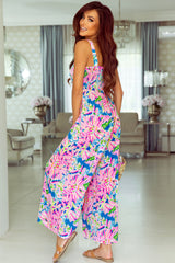 Pink Abstract Floral  Smocked Wide Leg Jumpsuit