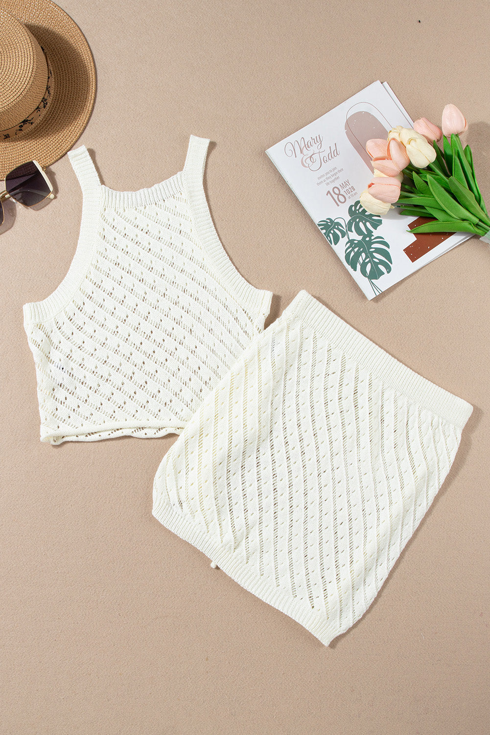 White Hollowed Crochet Cropped 2 Piece Beach Coverup Set