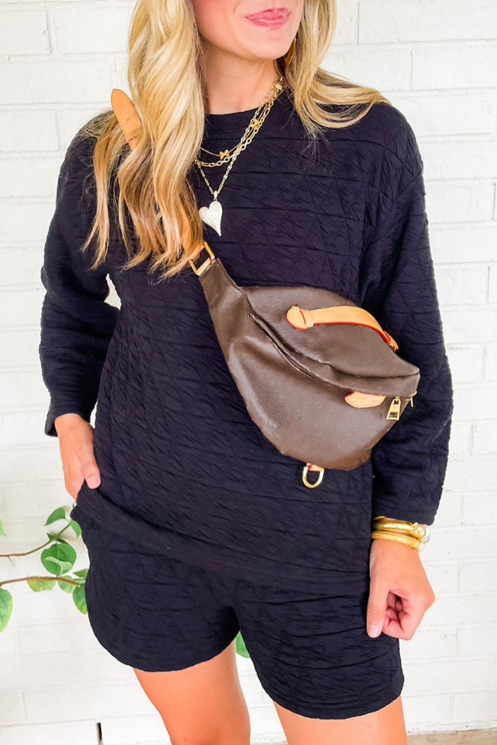 Black Textured Long Sleeve Top Shorts Outfit Set