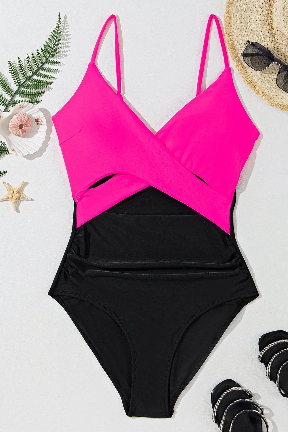 Rose Red Crossover Colorblock One Piece Swimsuit