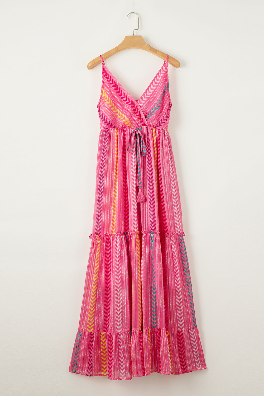 Pink Western Printed Tassel Tie V Neck Wrap Maxi Dress
