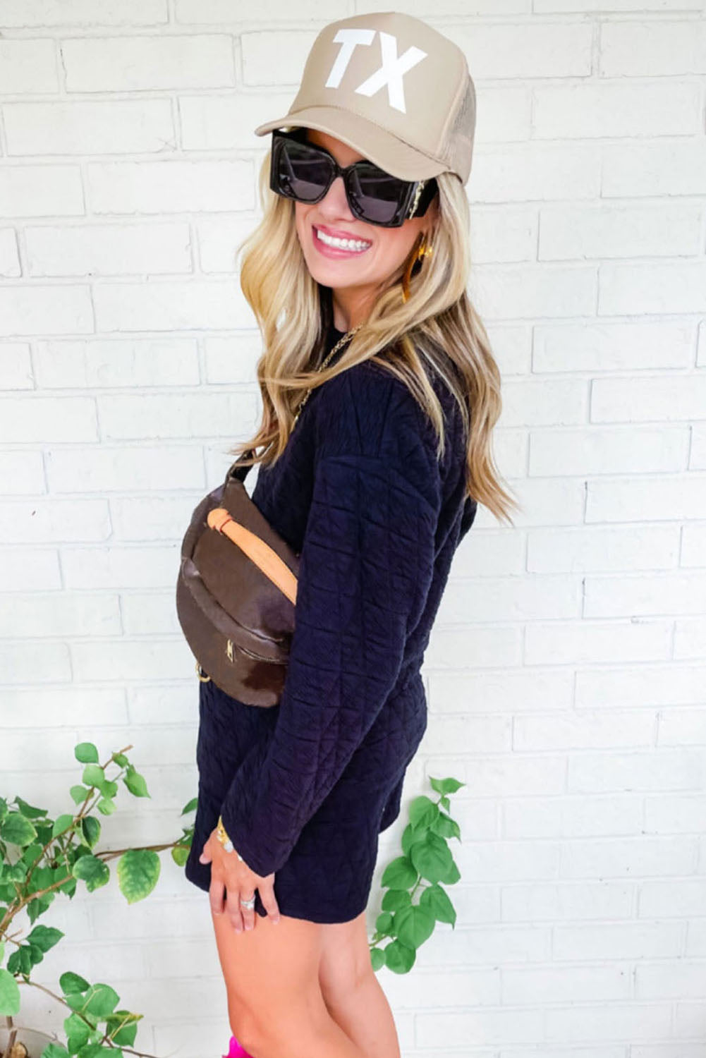 Black Textured Long Sleeve Top Shorts Outfit Set