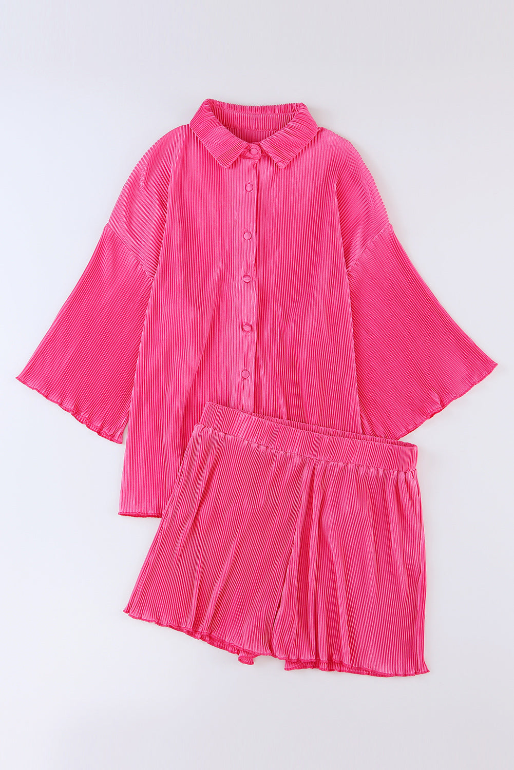 Pink Pleated Shirt and High Waist Shorts Set