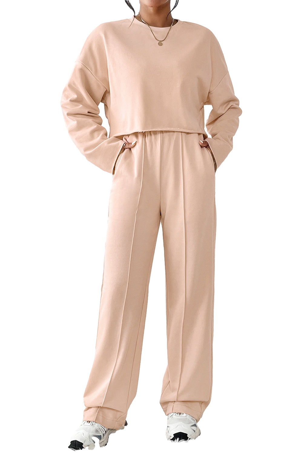 Khaki Long Sleeve Distressed Crop Top Wide Leg Pants Outfit
