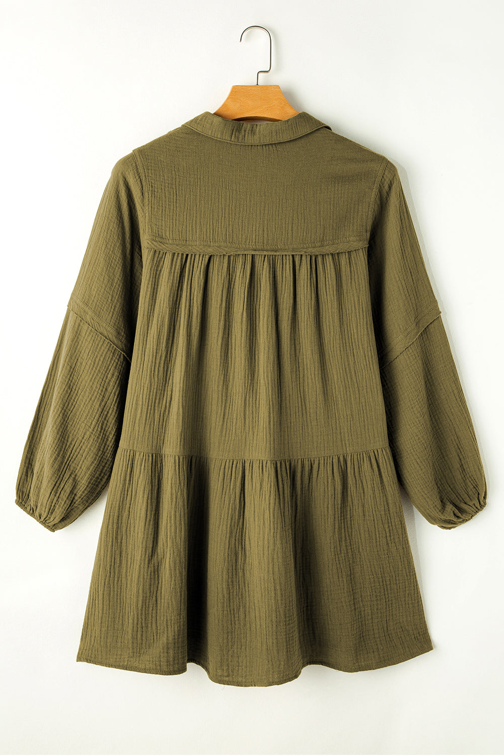 Green Frayed Trim Split Neck Puff Sleeve Flared Dress